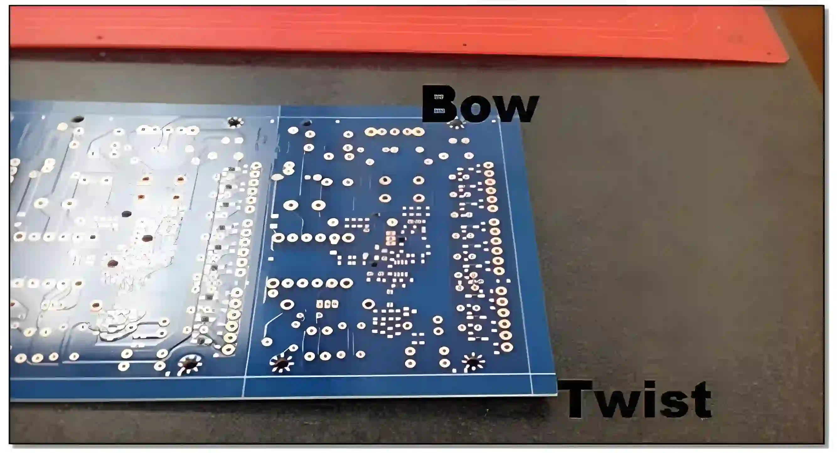 Comparison of flat and warped PCB showing deformation