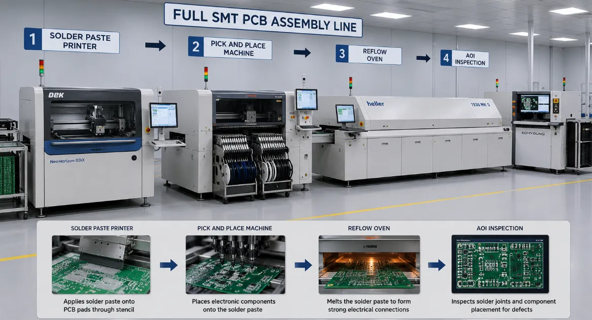 Full PCB assembly line with solder paste printer, pick and place, and reflow oven