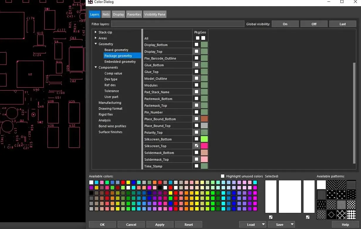PCB design software displaying silkscreen layer color and text settings.