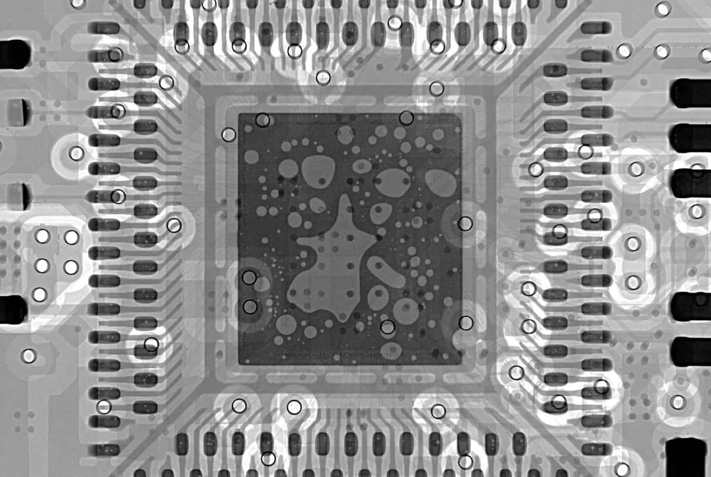 X-ray image of PCB displaying internal solder joints and traces