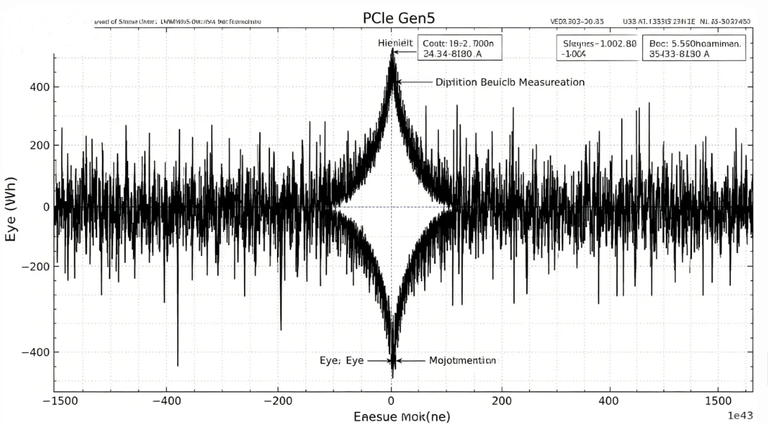 Oscilloscope capture of PCIe Gen5 eye diagram highlighting height, width, and jitter margins
