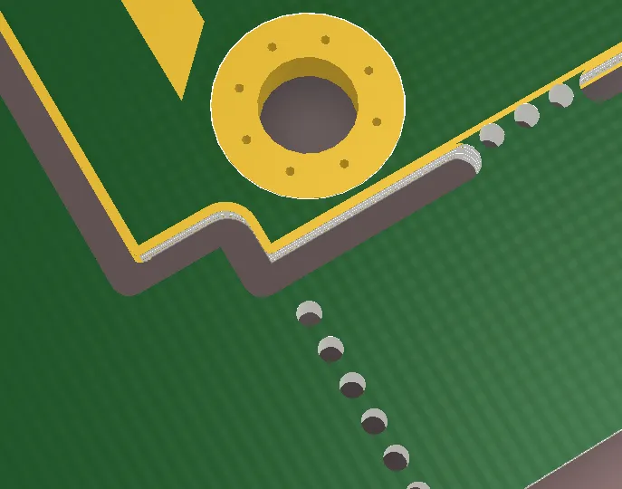 Close-up of PCB panel with mouse bites for easy depaneling