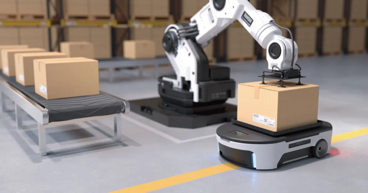 Warehouse robot detecting and avoiding an obstacle.