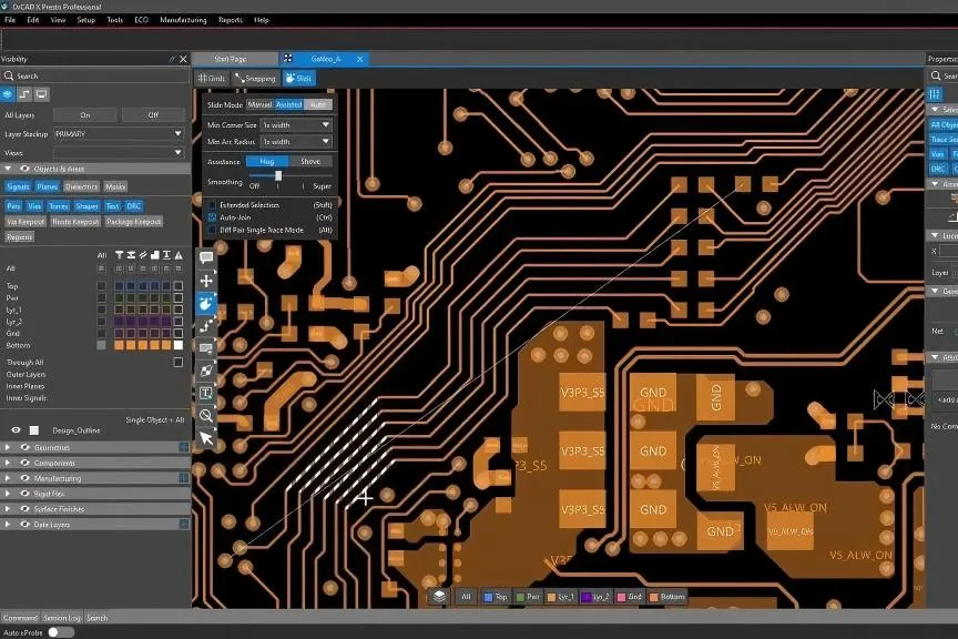 PCB design software displaying via placement in a 16-layer PCB