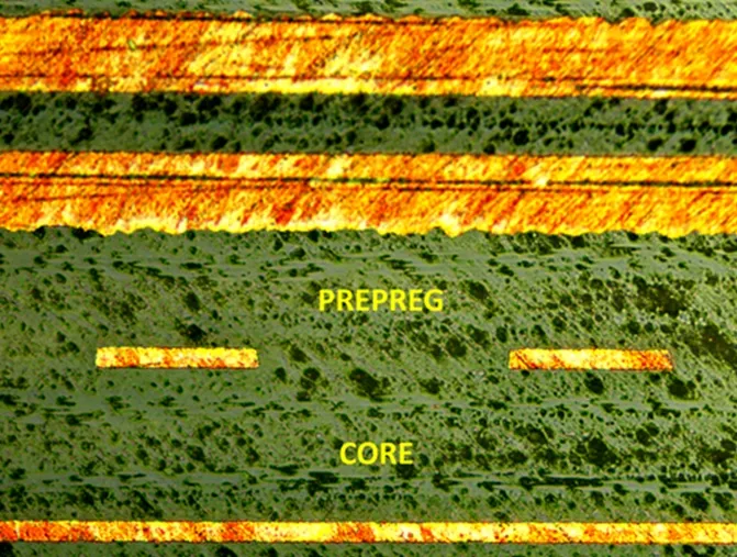 Cross-section of a PCB showing substrate and copper layers.