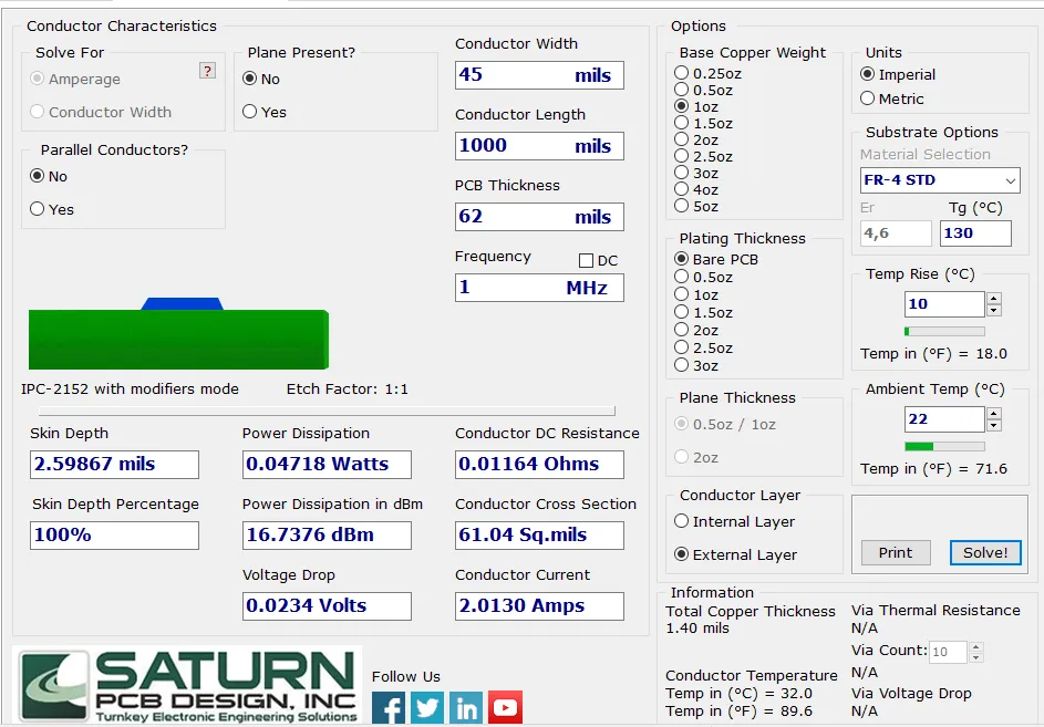 Online trace spacing tool interface for PCB design calculations
