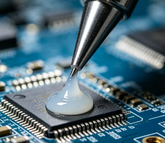Close-up view of dispensing needle applying solder paste to PCB pads