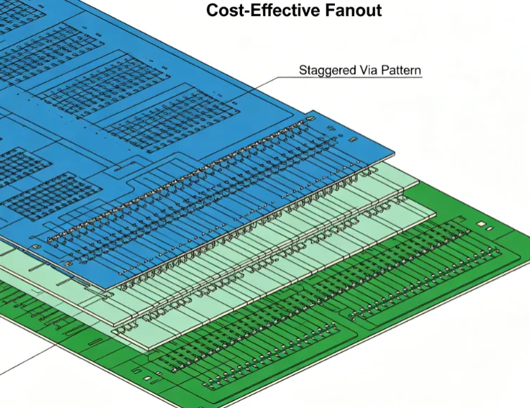 PCB section illustrating staggered and shared via patterns for cost-effective fanout'