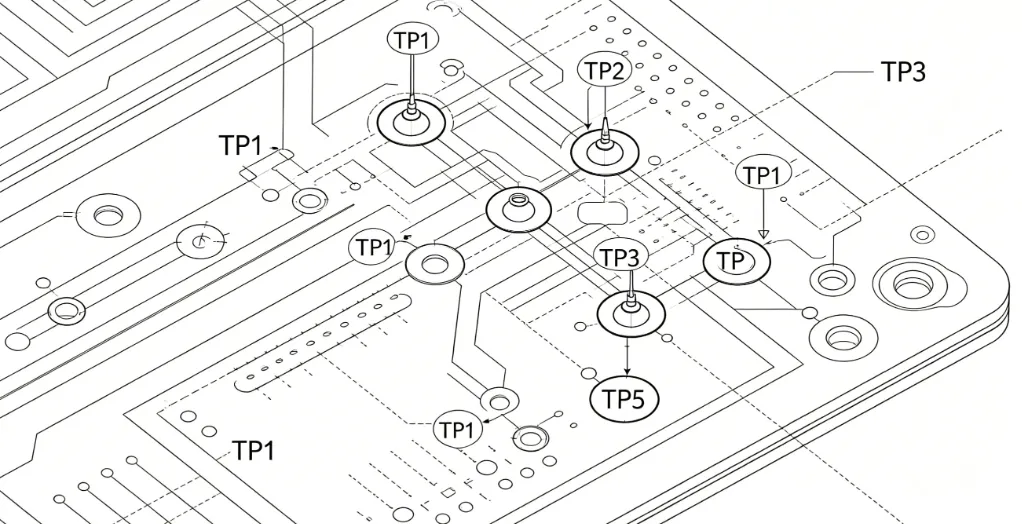 Annotated PCB layout showing recommended test points for flying probe access