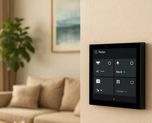 Hotel room control panel with integrated PCB for lighting and HVAC