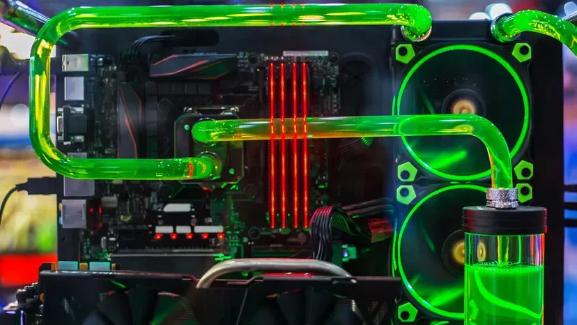 "Liquid cooling system integrated with a high-power PCB."