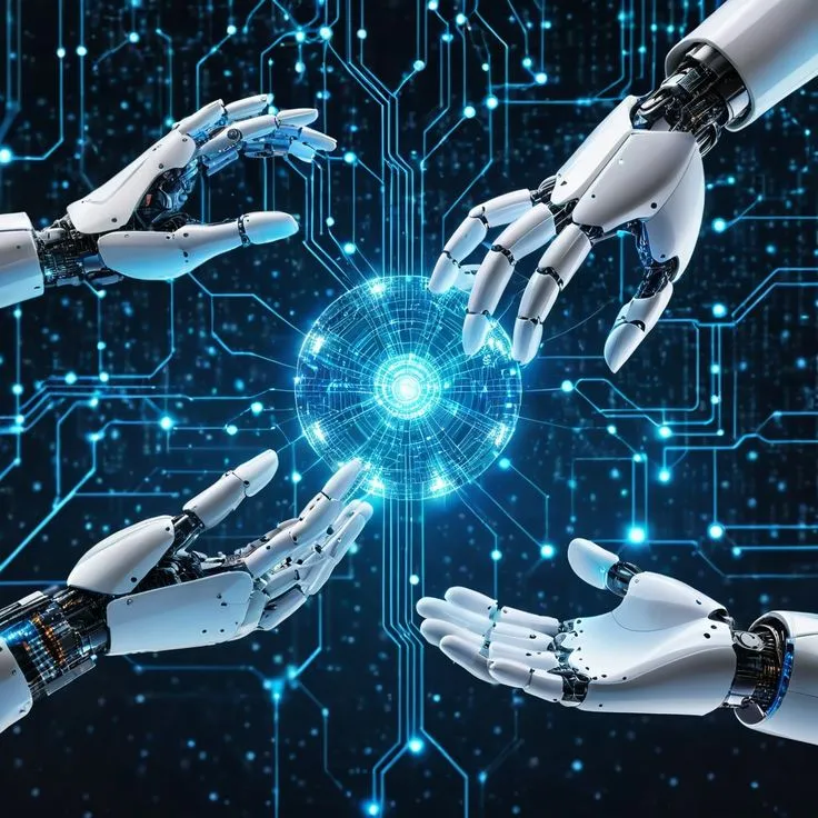 AI-controlled prosthetic hand with data processing visualization