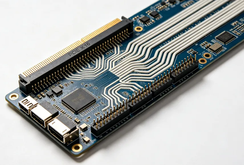 Top view of PCIe x16 connector breakout with differential pairs and length-matched serpentine