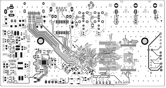 PCB layout with thermal vias for heat dissipation near high-current plated through-holes."