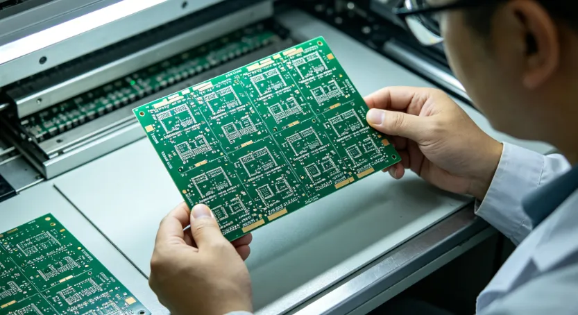 Technician performing visual inspection of silkscreen alignment on both PCB sides