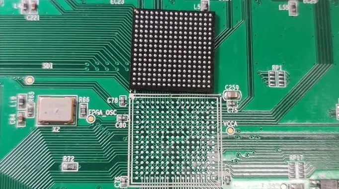 Close-up of BGA component on a printed circuit board