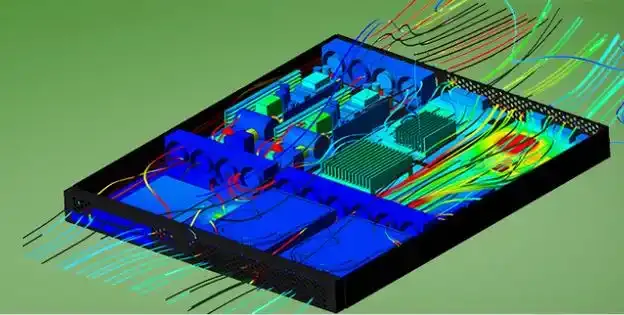Thermal simulation heatmap of AI accelerator PCB showing hotspots