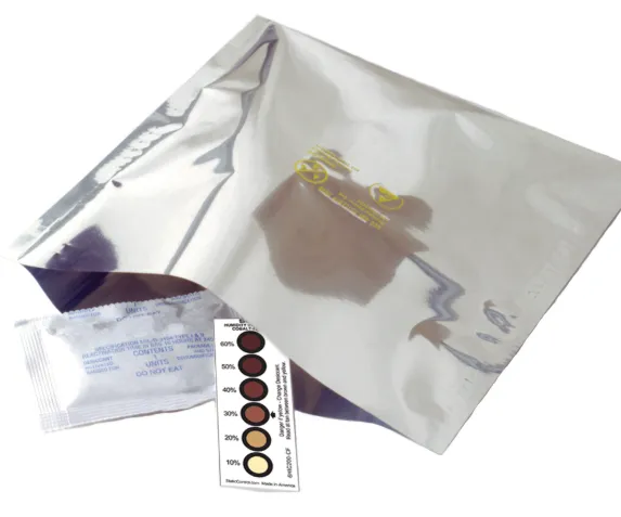 Place an image here showing a PCB sealed in a moisture barrier bag with a desiccant packet and humidity indicator card. ALT Text: "Moisture control in PCB logistics with barrier bag and desiccant."