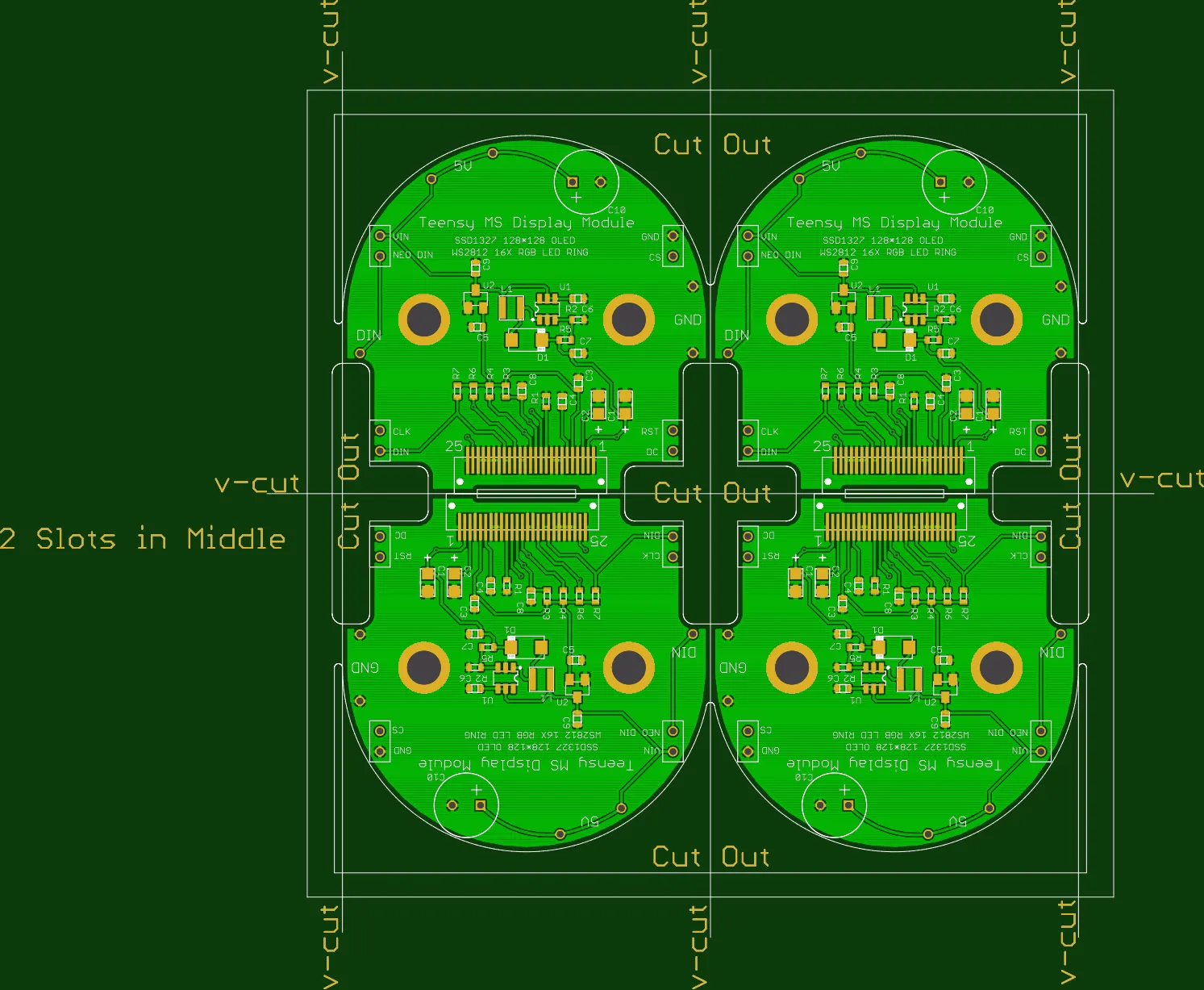 Non-rectangular PCB design with V-scoring lines on a production panel.