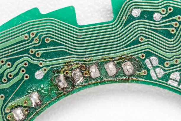 Close-up of contaminated PCB with flux residue affecting performance