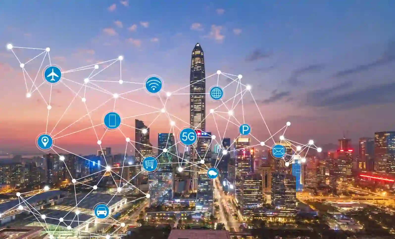 Smart city skyline with integrated sensor technology