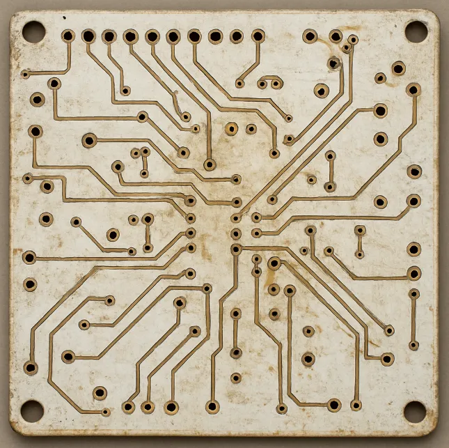 White solder mask on PCB showing signs of wear and discoloration over time.