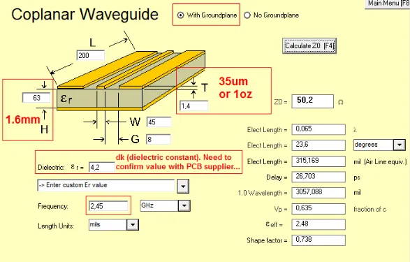 "Diagram of microstrip trace dimensions for 50 ohm impedance calculation."