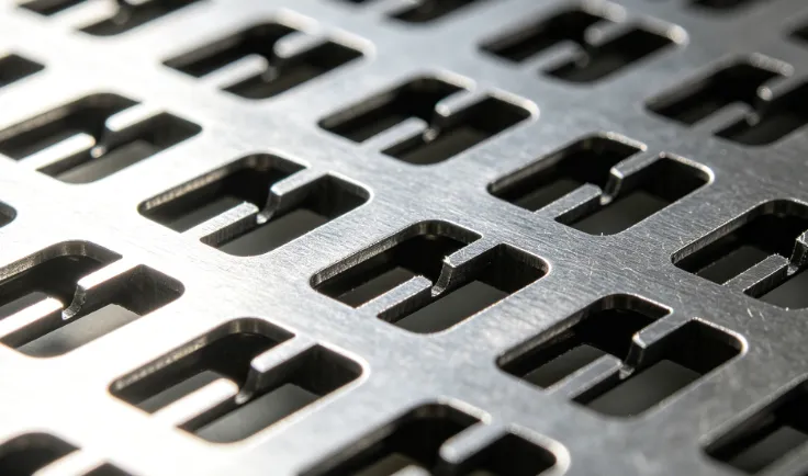 Close up view of clean laser cut stencil apertures during quality check