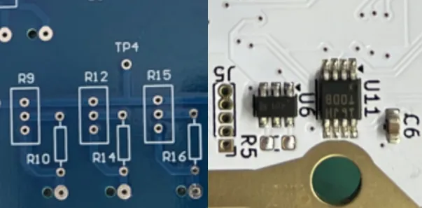 Close-up of PCB silkscreen layer with text and symbols in various colors.