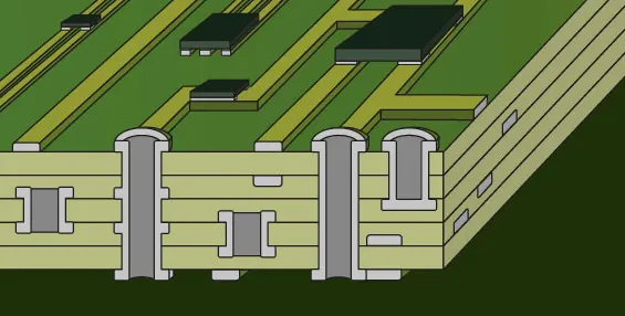 Microscopic view of a PCB cross-section showing internal layers and plating