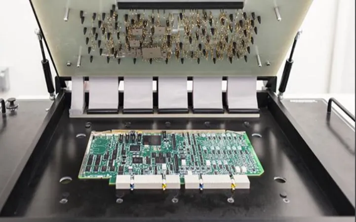Electronic component burn-in testing in a temperature chamber.