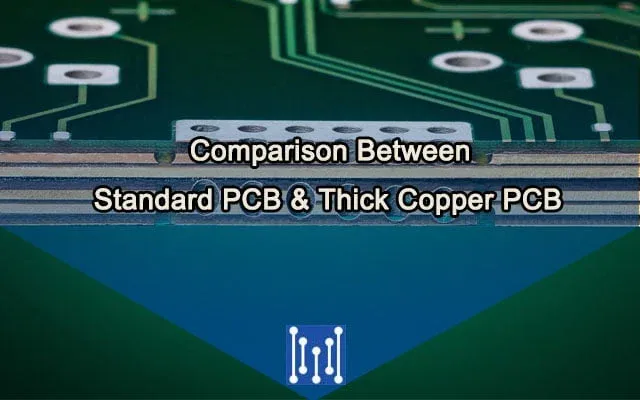 Comparison of standard PCB vs. heavy copper PCB with thicker copper traces