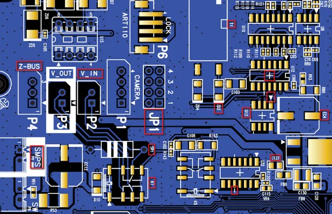 Diagram of PCB silkscreen markings showing component labels and test points