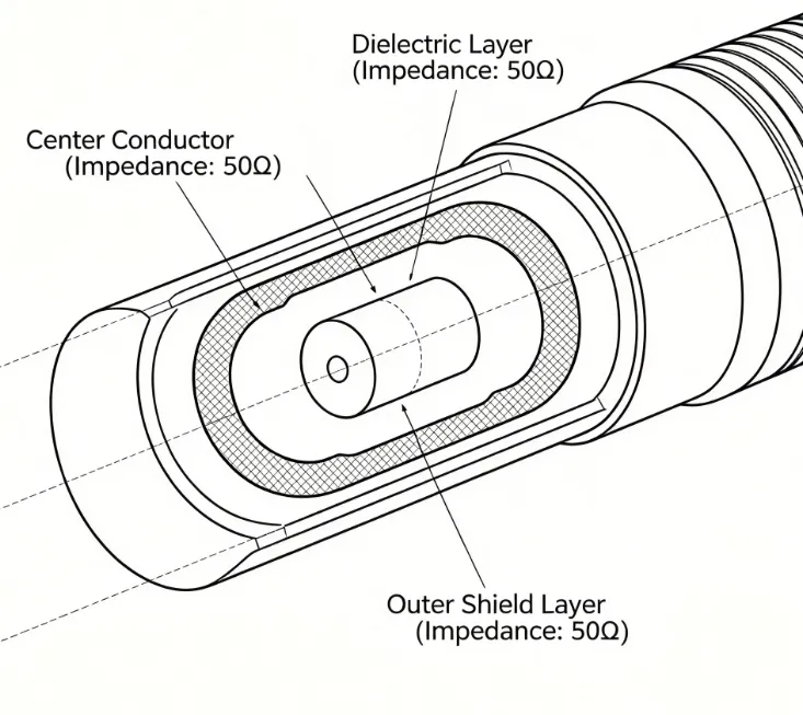 Diagram showing center conductor, dielectric, and outer shield of an RF connector with impedance dimensions labeled