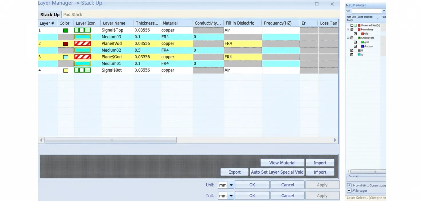 Layout stackup and network selection