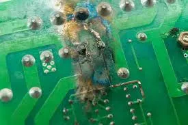 damaged PCB component due to ESD, with visible burn marks or cracks.