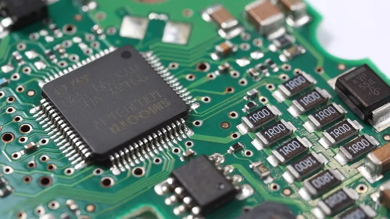 Close-up of a PCB showing copper traces and electronic components for manufacturing