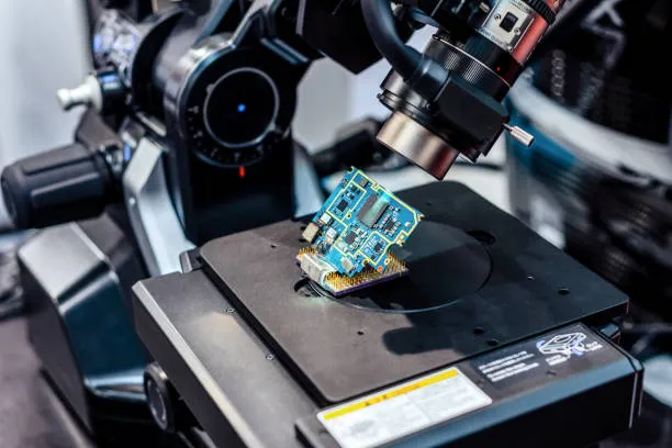 Microscopic view of high-density medical PCB with tight component spacing