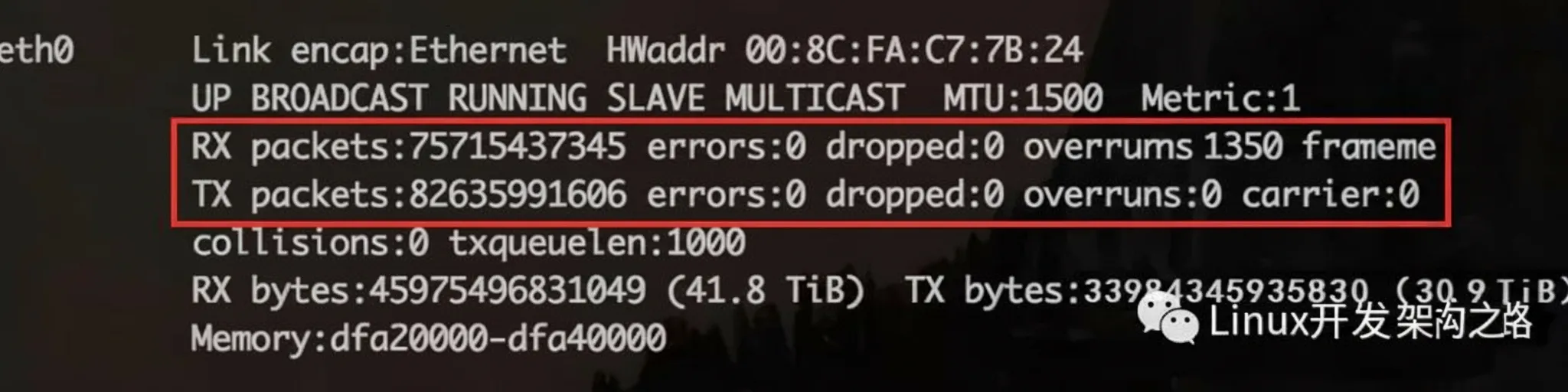ifconfig output showing RX errors and drops
