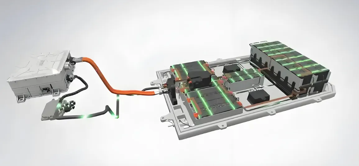 "High-voltage PCB layout for EV battery management system with connector placement."
