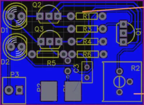 Basic PCB layout highlighting grounding connections for signal integrity.