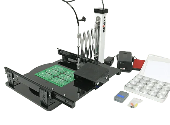 Manual pick and place system with camera for precise SMT assembly.