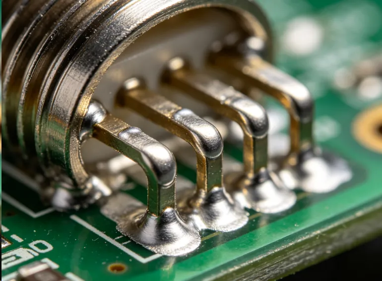 Microscopic view of a properly formed solder fillet on an RF connector pin