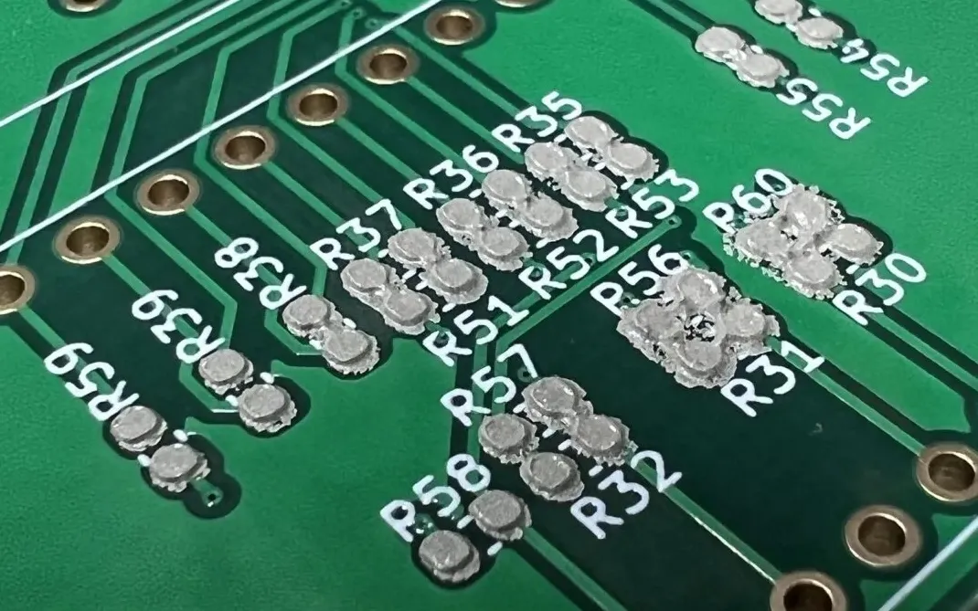 Close-up of solder paste applied to PCB pads using a stencil.
