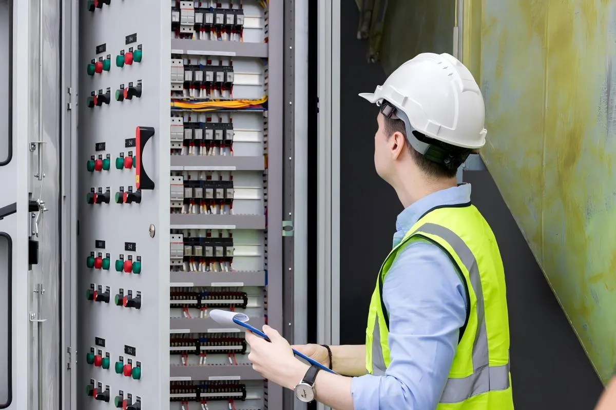 Engineer checking industrial indicator lights on control panel for automation