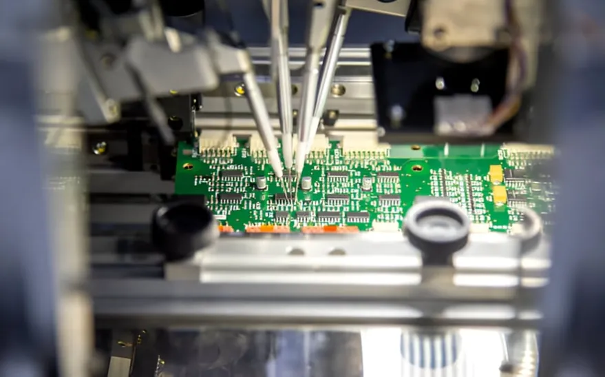 Multiple flying probes contacting test points on a bare PCB prototype