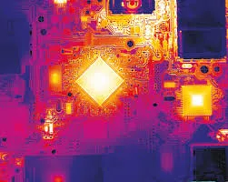 Thermal imaging of a PCB showing heat distribution and hot spots."