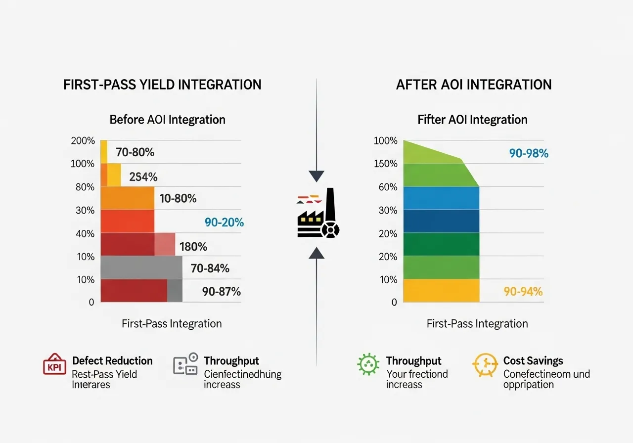 Chart showing improved first-pass yield with AOI integration in SMT line
