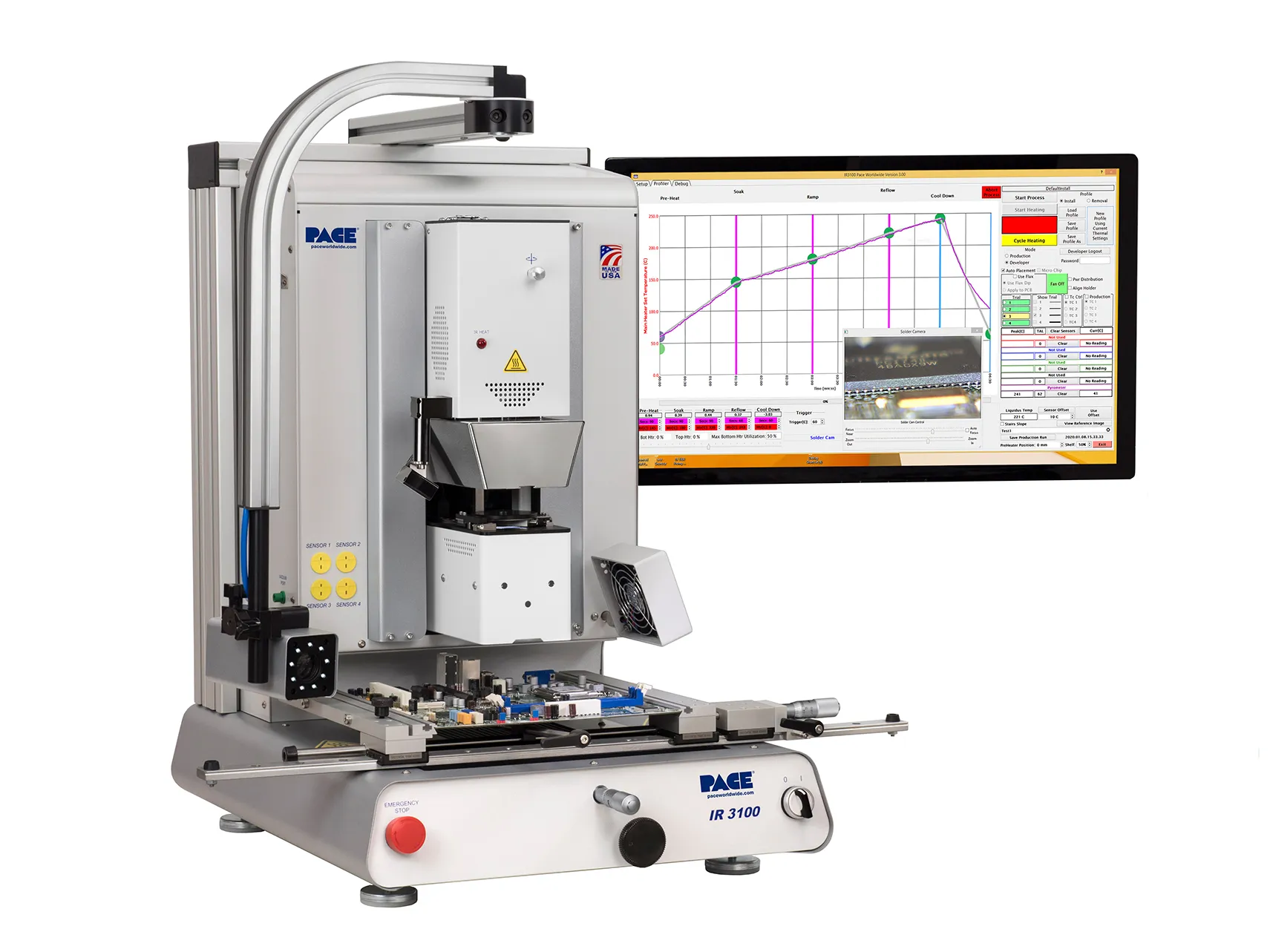BGA rework station setup with hot air tool, preheater, and vision system.