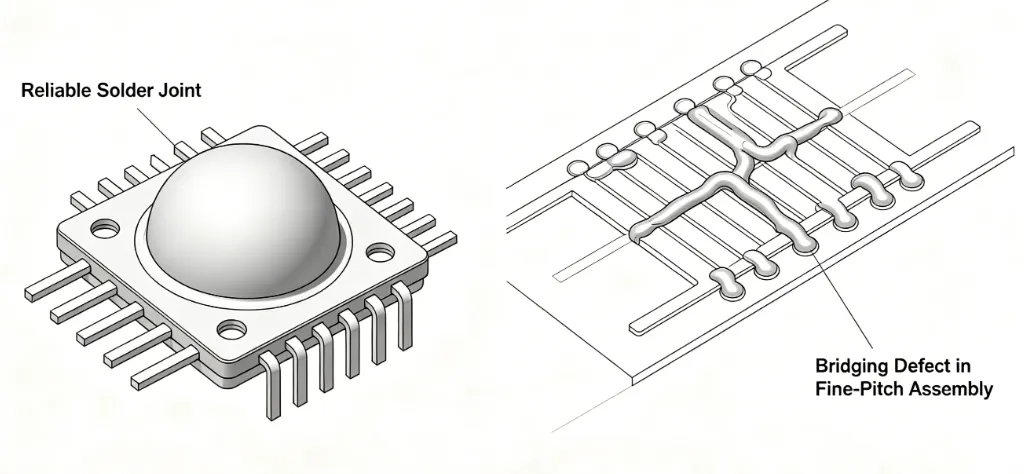 Comparison of reliable solder joints versus defects like bridging in fine-pitch assembly